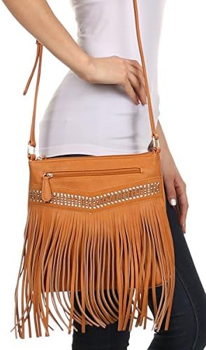 L.COLETTE Fringe Rhinestones Cross Body Messenger Bag 14661 (Brown)