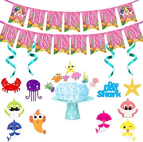 18 PCS Cartoon Shark Party Swirl Decorations Cute Shark Banner Cupcake Toppers Whirl Streamers Home Wall Hanging Ceiling Happy Birthday Party Supplies Kit for Family Baby Shower Boy Girl Kids