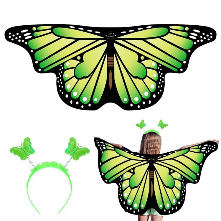 AffeGifts Kids Butterfly Wings Cape, Butterfly Fairy Wings with Headband Kids Butterfly Cloak Costume Butterfly Dress Up for Girls Fancy Dress Party Play Party Favor 3-6 Years Old (Green)