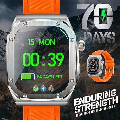 Aishini Bluetooth Calling Smart Watches for Men 2.1"IPS Large Touchscreen IP68 Waterproof Men's Smart Watch 460mAh,120+ Sport Modes, 70 Days Battery Life Fitness Smart Watch (Orange + Silver) Band