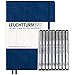Leuchturm1917 Dotted Journal Medium A5 Bullet Notebook with 9 Pack Black Fineliner Fine Tip and Brush Journaling Pens Set (Dotted, Navy)