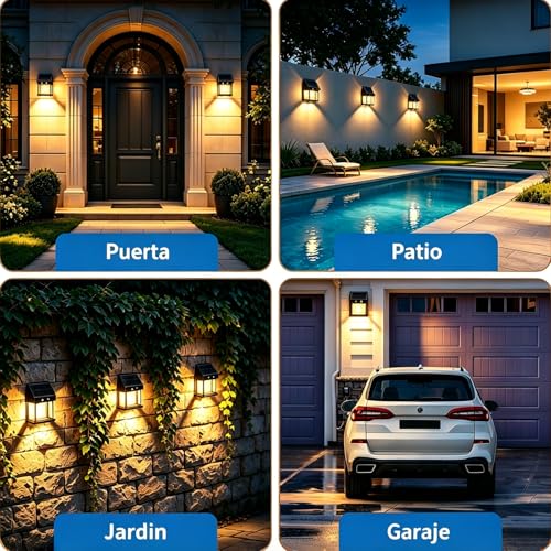 FASENZA Lámpara Solar Exterior: 400 Lúmenes, 3000K, Batería 1500mAh, Carga 6h / Iluminación 24h, IP65, Lámpara Decorativa para Jardín, Patio, Terraza, Valla, Pasillo, 2 Años de Garantía, 4 Piezas