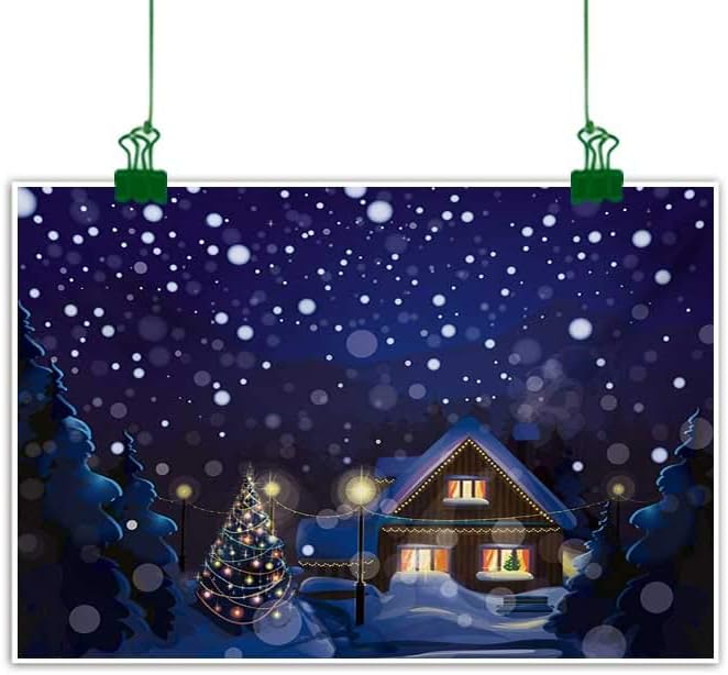 Anzhutwelve Christmas,Wall art decor Winter Night Country Landscape with Little House Among Pine Trees and Snow Canvas Art for Wall Navy Blue Yellow W 32" x L 16"