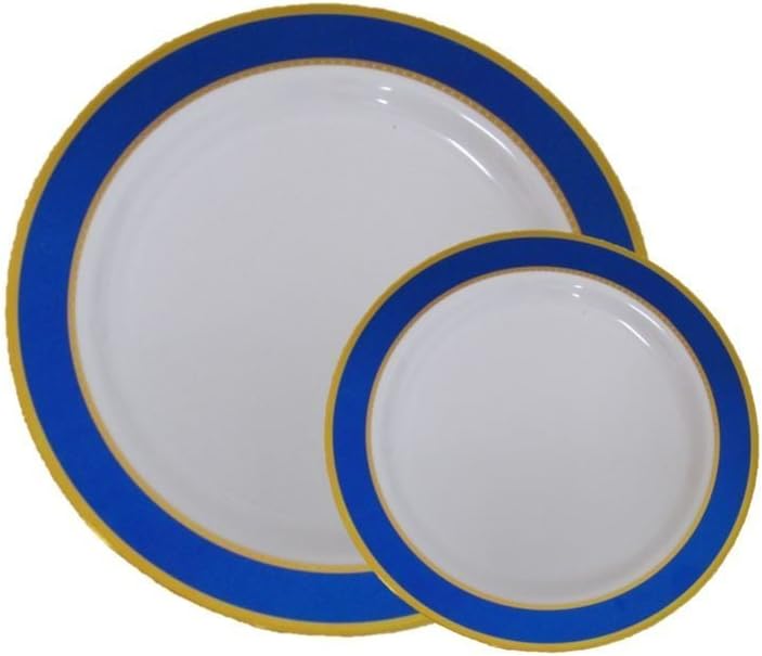 Disposable Plastic Dinner Dessert Plates With Blue and Gold