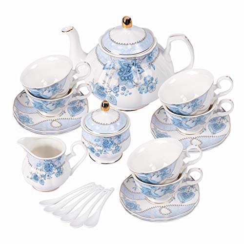 fanquare Set da tè in Porcellana con Fiori Blu, Set Tazza da tè e Piattino, Servizio da tè da Sei, Nozze Teiera…