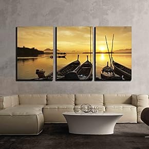 3 Piece Canvas Wall Art - Fisherman Paddle Boat in Sunrise - Modern Home Art Stretched and Framed Ready to Hang - 16"x24"x3 Panels