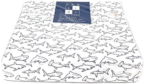 Kids max studio Navy Blue Outline Sharks on White TWIN Sheet Set | 100% Cotton Percale