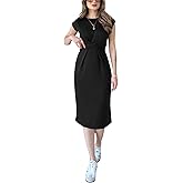RomMoon Women's Crewneck Casual Bodycon Dress Cap Sleeve Tie Waist Pencil Midi Dresses