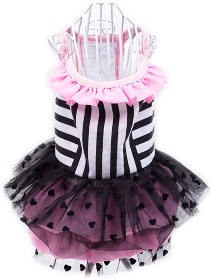 Black Pink Stripes Sling Dress Pet Clothes Cat Dog Dress Teddy Party Ball Chiffon Lace Neck Skirt