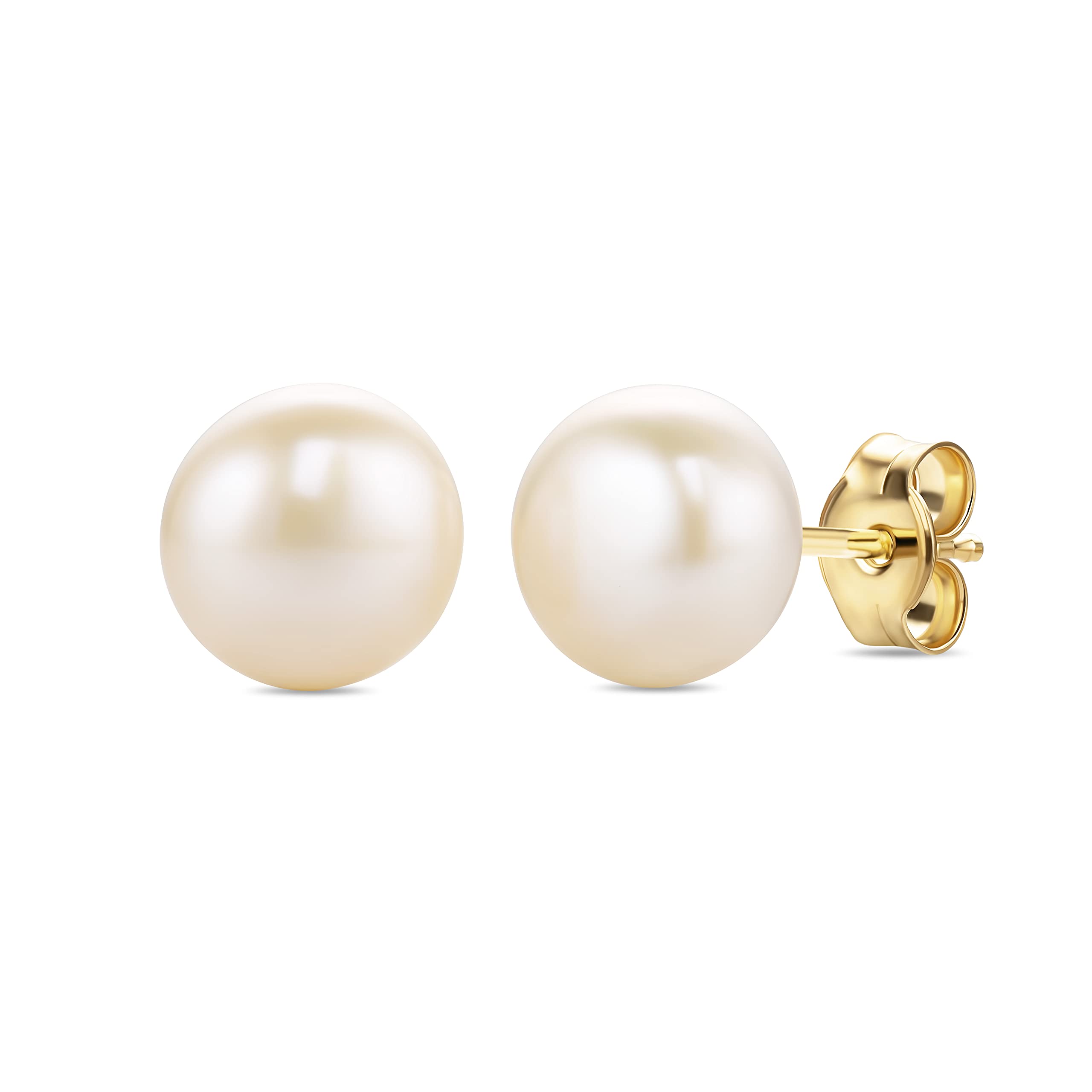 Orovi Earrings for Women –9 Carat (375) Yellow Gold – Pearl Earrings, 9 ct Gold Studs with Freshwater Pearls 7 mm, Pearl Jewellery, Hypoallergenic, with elegant Jewellery Box