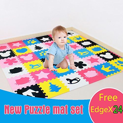 Meitoku EVA Kids Puzzle Pattern, Odorless, Toys, 24 Tiles and Edges Play Mat, 12" by 12"