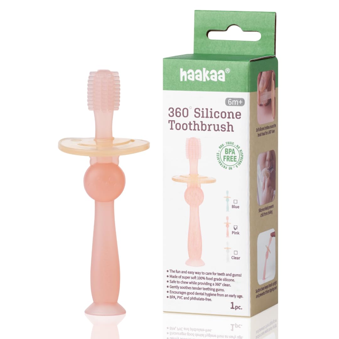 Haakaa 360 Degree Silicone Baby Toothbrush, Pink, 16 g