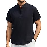 Enlision Mens Cotton Linen Henley Shirts Casual Short Sleeve Shirt Summer Beach Hippie Tshirt Band Collar Shirt for Men