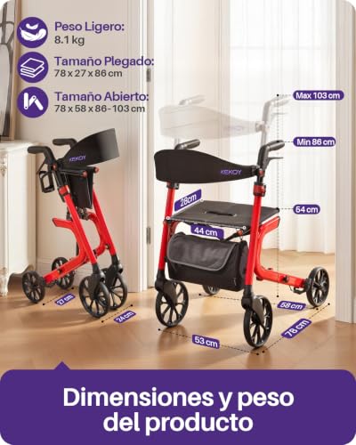 Kekoy K2 Elderly Walker with Aluminum Folding Seat, Height Adjustable, 400 lbs Load, Adult Walkers with 44cm Seat Cushion, Backrest and Storage Bag, Red