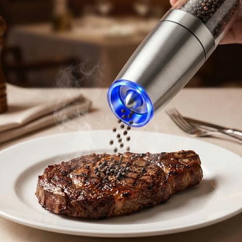 Moedor Eletrico de Sal e Pimenta com Sensor de Gravidade Automático e LED Azul - Mecanismo Ceramico Ajustavel, Operacao com Uma Mao, Inox para Temperos (Prata)