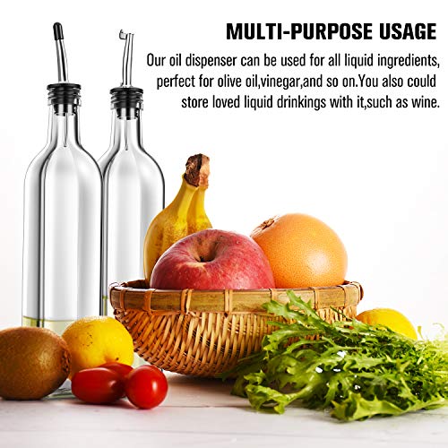 PrettyCare Olive Oil and Vinegar Dispenser Bottles 17oz (2 Pack with Extra Lids, Labels and Funnel) 500ml Drip-Free Bottle with Stainless Steel Spout, Flip Top Pourer Set (Clear)