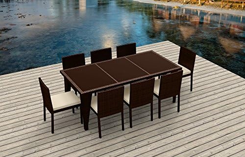 UrbanFurnishing.net - 9 Piece Wicker Outdoor Patio Dining Set - Brown Wicker/Beige