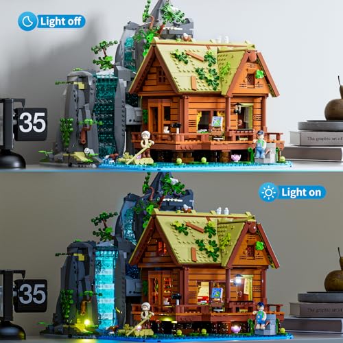Lumibricks Waterfall Cabin Building Set with Light – 2539 Pieces Retro Wooden House with Moving Waterfall & Nature Scenery, Collectible for Adults