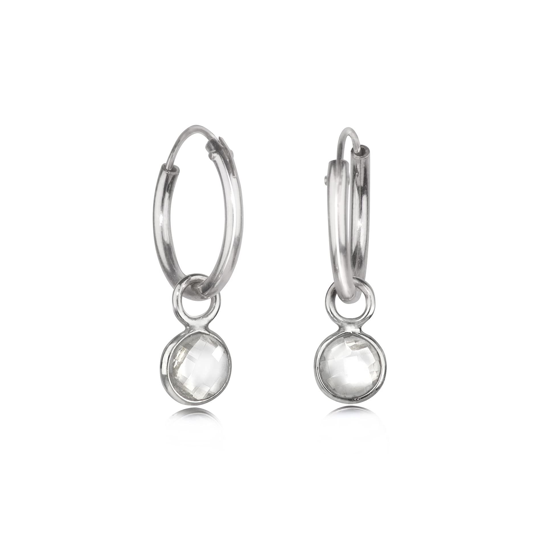 TJS 925 Sterling Silver Sleeper Hoop Earrings with Crystal Charms, Silver Hoop Earrings, Dainty Jewelry Gifts for Women and Girls
