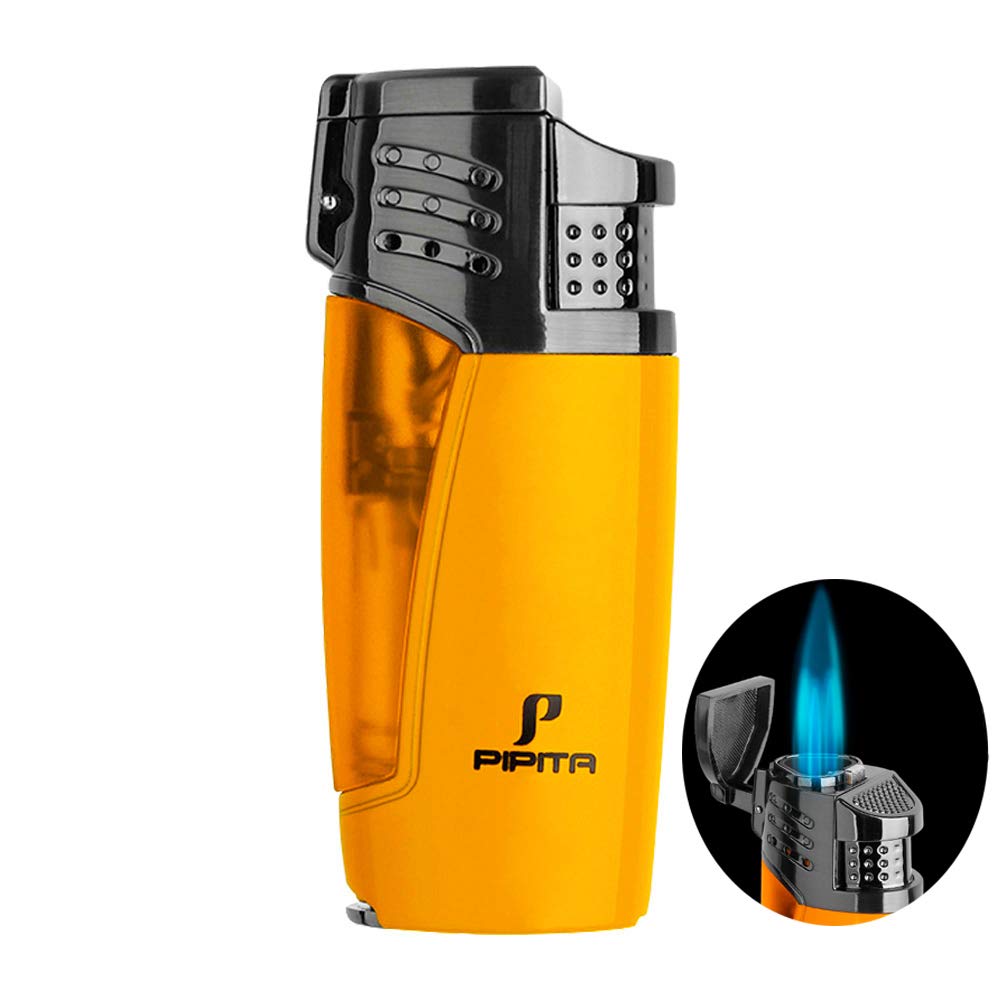 PIPITA Cigar Lighter with Punch, Windproof 3 Triple Jet Blue Flame Butane Gas Lighter Refillable Cigarette Lighter for Outdoor Camping Hiking BBQ Home Kitchen, with Gift Package Box (Yellow)