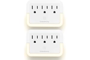 N\C Outlet Extender with Night Light, Globalmany Plug-in Warm White LED Nightlight, Multi Plug Socket Wall Outlet with Auto Dusk to Dawn Sensor Light for Hallway, Stairs, Bedroom, Living Room (2 Pack).