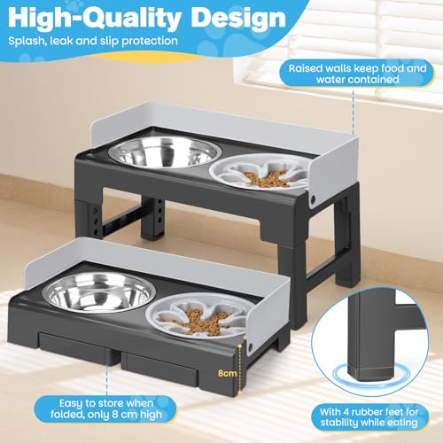 Zivacate Adjustable Raised Dog Bowls with 6 Heights and Inclined Angle with 2 Stainless Steel Bowls and 1 Slow Feeding Bowl for Small Medium Large Dogs