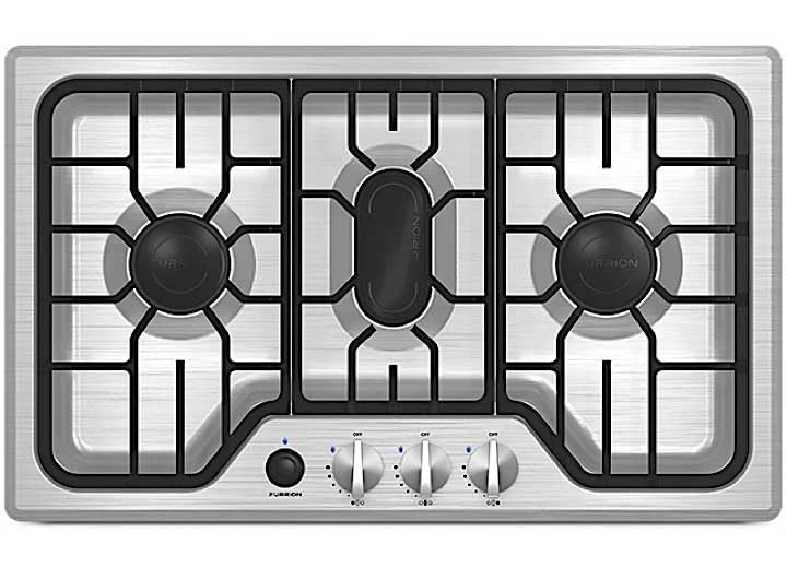 Furrion 7500BTU RV Chef Collection Gas Cooktop with 3x Gas Burners; Pulse Ignition and Cast Iron Grate (Stainless Steel) - FGH4ZSA-SS