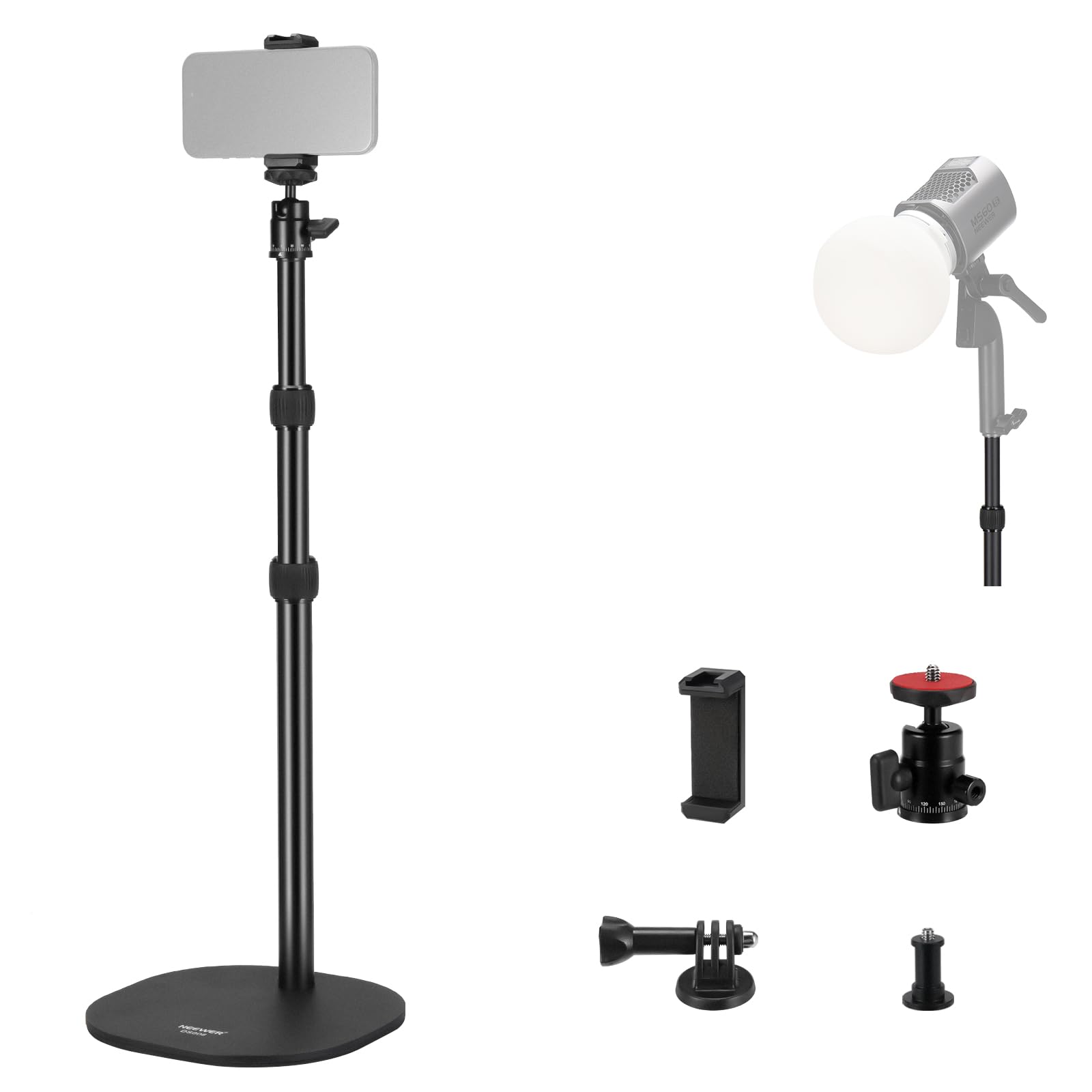 NEEWER Projector Floor Stand with Heavy Base, 16"-35"/40-90cm Desk Tripod with Phone Holder & Action Camera Mount, Ball Head Webcam Video Projector Mount Compatible with XGIMI Nebula MEVO, DS006