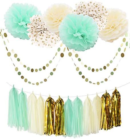 20pcs Mint Cream Gold Party Decoration Kit with Tissue Paper Tassel Garland Tissue Paper Flower Circle Garland for Rustic Wedding Baby Shower, Birthday Party, Nursery Decoration