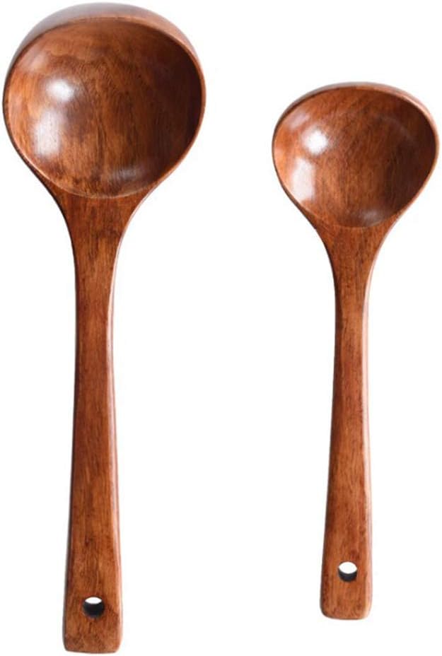EORTA Set of 2 Wooden Soup Spoons Deep Ladle Natural Wood
