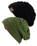 Trendy Warm Chunky Soft Stretch Cable Knit Slouchy Beanie Skully, Gift Set- Black & Olive, One Size