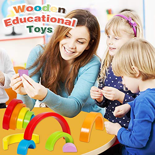 Dreampark Wooden Rainbow Stacking Game Stacker Nesting Puzzle Blocks, Color Shape Matching Educational Learning Toys for Kids Baby Toddlers 1 2 3 4 5 Years Old and Up (6 PCS)