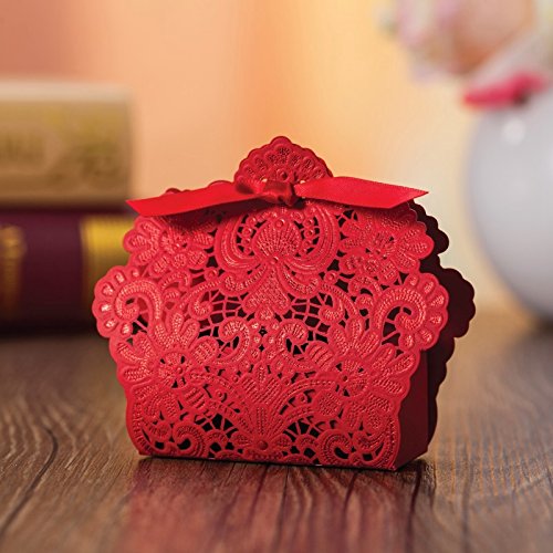 Doris Home Red Laser Cut Favor Candy Box With Ribbons Bridal Shower Wedding Party Favors 100 Pack