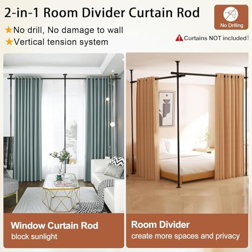 Dsocool Room Divider No Drilling Curtain Rod Wall Divider for Room Separation, 122-305cm(H) 70-290cm(W) Adjustable, Heavy Duty Partition Space Separator Freestanding Tension Curtain Stand, Black