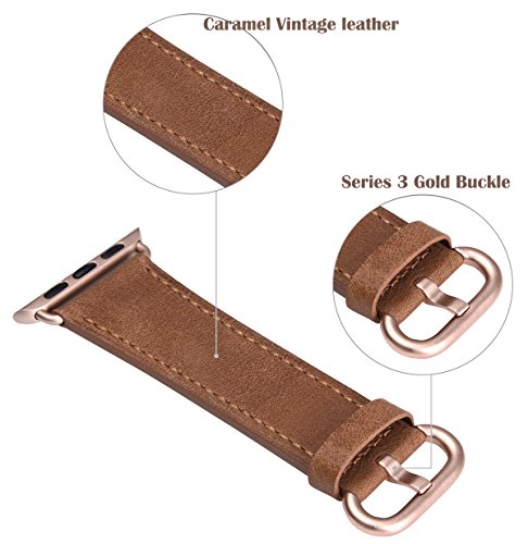 JSGJMY Compatible for Iwatch Band 42mm 44mm Women Genuine Leather Replacement Strap Compatible for Series 4 3 2 1 Sport Edition,Caramel+Series 4/3 Gold Clasp