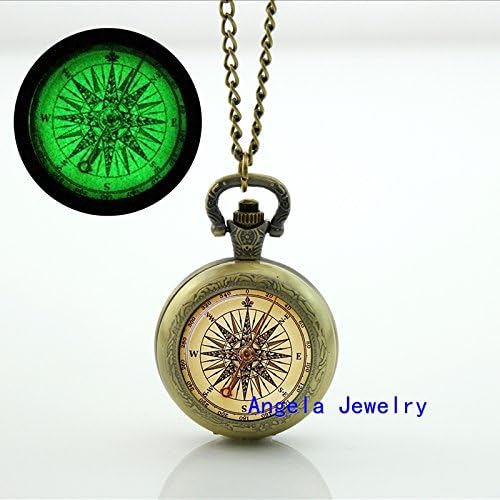Pretty Lee Fashion Glow in The Dark Pendant Vintage Compass Glowing Pocket Watch Necklace Compass Jewelry