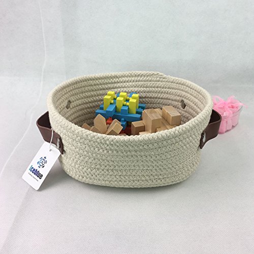 ICEBLUE HD Mini Beige Natural Cotton Rope Dog Toys Basket Nursery Basket Catchall with Leather Handles
