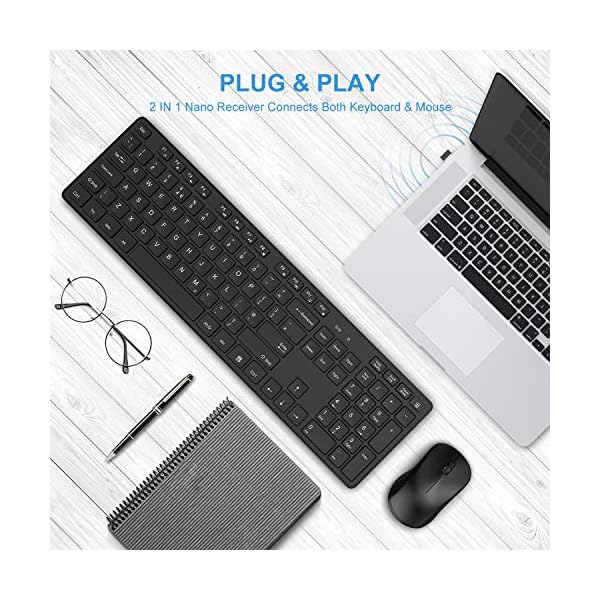 Wireless-Keyboard-and-Mouse-WisFox-24G-Slim-Ergonomic-Keyboard-and-Mouse-Set-with-One-USB-Receiver-Full-Size-Qwerty-Keyboard-Quiet-Computer-Mouse-for-WindowsLaptopPC Keyboard & Mouse Set, Wireless Keyboard and Mouse, WisFox 2.4Ghz Slim Ergonomic Keyboard and Mouse Combos with One USB…