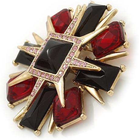 Victorian Style Black/Red Resin Stone Layered Cross Brooch In Gold Tone Metal - 75mm Across, black, red - Image 4