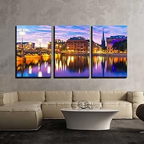 3 Piece Canvas Wall Art - Beautiful Summer Evening Scenery of Sunset in The Old Town Gamla Stan Architecture - Modern Home Art Stretched and Framed Ready to Hang - 16"x24"x3 Panels