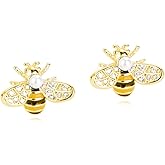 Reffeer Solid 925 Sterling Silver Cute Bee Earrings Stud for Women Teens Small Freshwater Pearl Bee Earrings