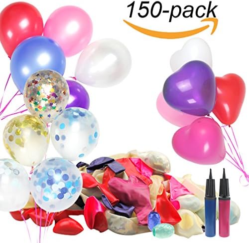 Party Balloons Bulk 150PCs Assorted Colors Latex Balloons 12 inch with Crimped Curling Ribbon and Double Action Air Pump Birthday /Party/Events balloons with Confetti