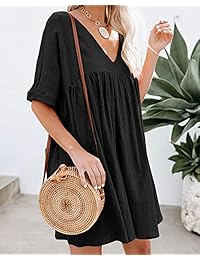 Hestenve - Mini vestido plisado de manga corta con cuello en V para mujer