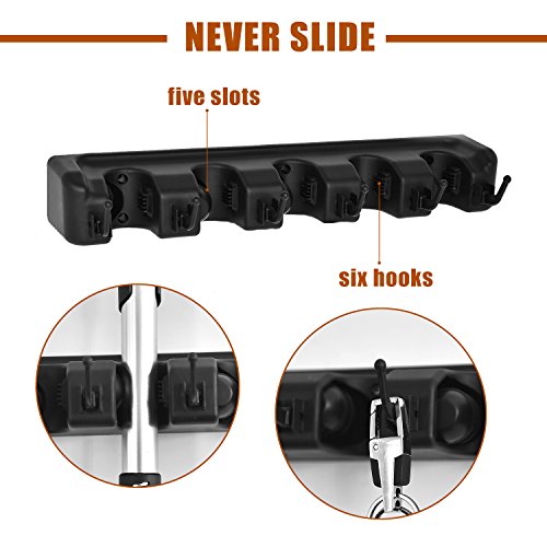Auwey Mop Broom Holder Wall Mount with Hook Gripper Slot, Garden Storage Rack Mop Broom Handle Kitchen Storage Garage Garden Tools Commercial Organizer (5 Position 6 Hooks) - Thumbnail 6