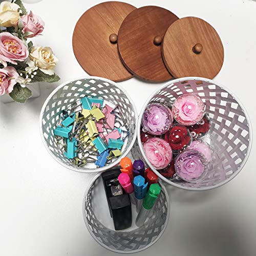 HuiDao Metal Storage Cans with Wood Lids, Hollowed Out Design Round Canister, Decorative Storage Jars Containers for Home Living Room Bedroom Office Desks Shelves, White, Set of 3 - Thumbnail 6