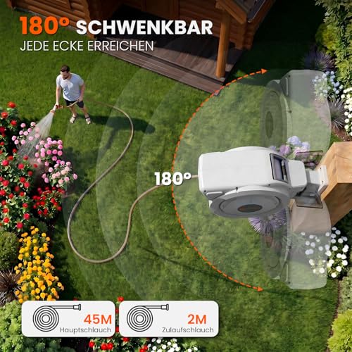 Bietor Hose Reel Water 45 m + 2 m, 180° Swivelling Wall Hose Box, Automatic Garden Hose Drum with 10 Functions Garden Shower for Watering, Car Washing