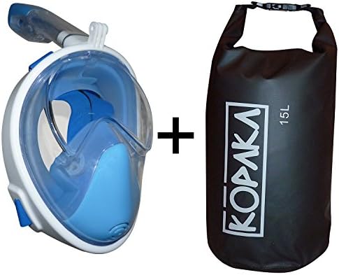 Full Face Snorkel Mask by Kopaka, GoPro Compatible Multiple Sizes and Colors Available (Blue Mask + Black Bag, S/M)
