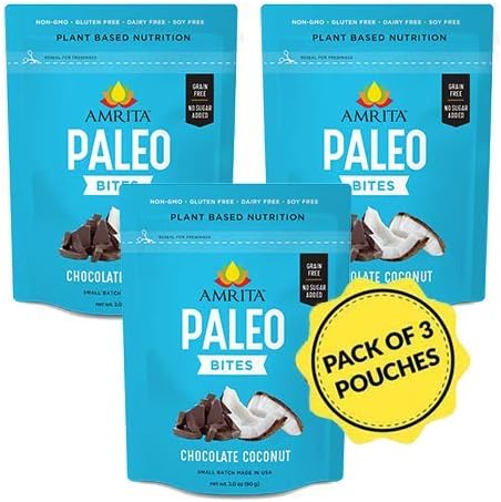 Amrita Chocolate Coconut Paleo Bites (3 pouches) | Grain Free, No Added Sugar, Vegan, Gluten Free, Dairy Free, Soy Free, Peanut Free, non-GMO | Cold Pressed, Small Batch Crafted, Packed in Resealable Pouches | 6 Bites Per Pouch (18 Servings)