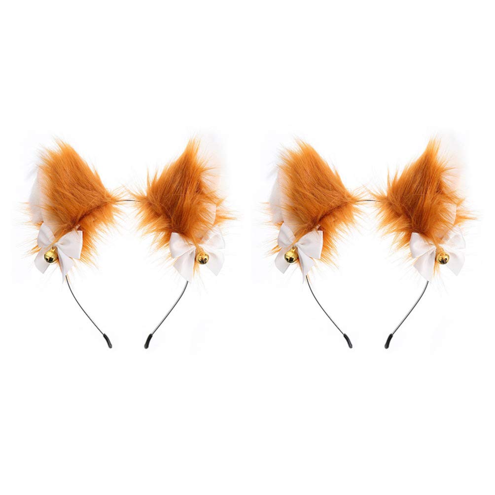 Lurrose 2Pcs Fox Ears Headband with Bell, Fur Cat Ears Hairband Animal Furry Hair Hoop for Kids Adults Halloween Cosplay Party