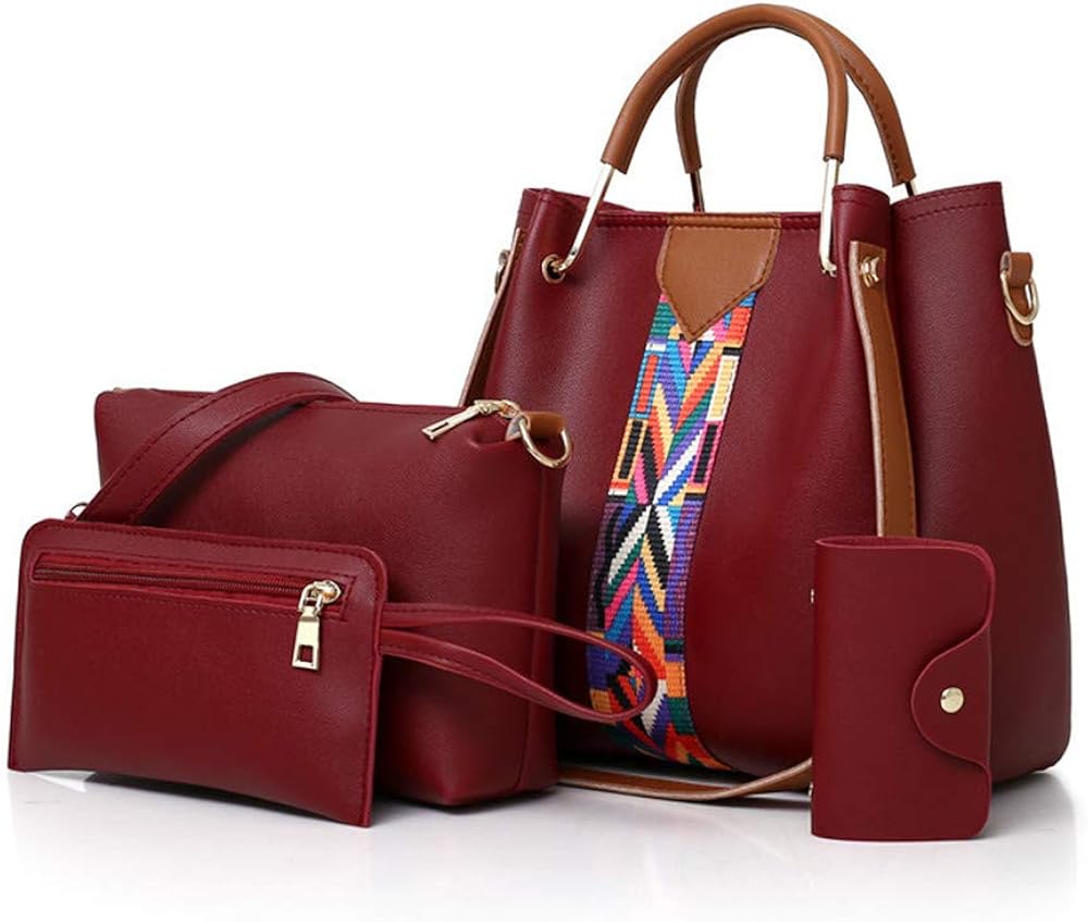 Women Handbag Set 4 in 1 Soft PU Leather Top Handle Bag, Tote Bag, Shoulder Bags Crossbody Bag Wallet Purse Set (Wine)